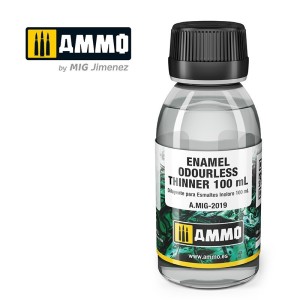 Enamel odourless thinner, Diluyente para esmalte inoloro. Bote 100 ml. Marca Ammo by Mig Jimenez. Ref: AMIG2019.