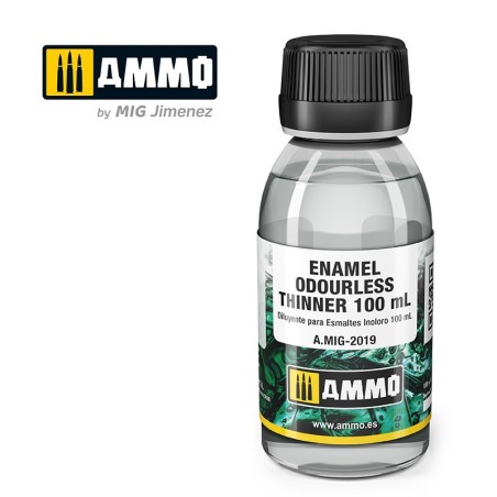 Enamel odourless thinner, Diluyente para esmalte inoloro. Bote 100 ml. Marca Ammo by Mig Jimenez. Ref: AMIG2019.