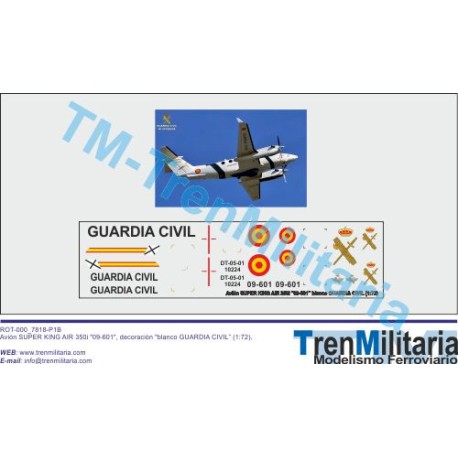 Calcas Avión Suepr King Air 235i "09-601" blanco Guardia Civil. Escala 1:72. Marca Trenmilitaria. Ref: 000_7818.
