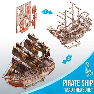 Barco Pirata "Mad Treasure" 156 piezas, madera contrachapada, Kit de montaje. Marca Mr.playwood. Ref: 10111. 2
