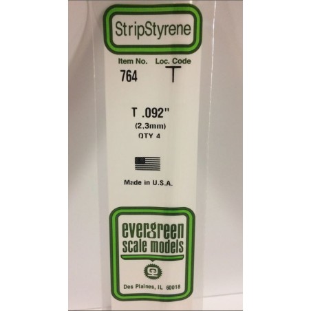 Conjunto de 2 Perfiles en " T " 092" (2.3mm) POLYSTYRENE. Marca Evergreen. Ref: 764.
