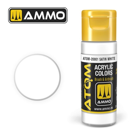 ATOM COLOR Satin White. Nueva Fórmula. Bote 20 ml. Marca Ammo by Mig Jimenez. Ref: ATOM-20001.