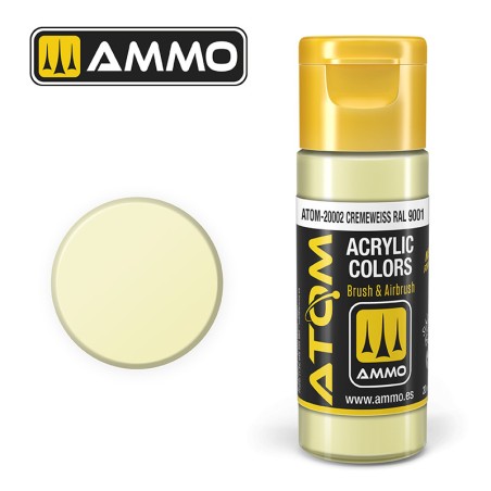 ATOM COLOR Cremeweiss RAL 9001. Nueva Fórmula. Bote 20 ml. Marca Ammo by Mig Jimenez. Ref: ATOM-20002.