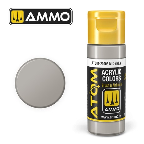 ATOM COLOR Midgrey. Nueva Fórmula. Bote 20 ml. Marca Ammo by Mig Jimenez. Ref: ATOM-20003.