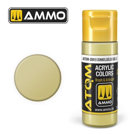 ATOM COLOR Dunkelgelb DG I. Nueva Fórmula. Bote 20 ml. Marca Ammo by Mig Jimenez. Ref: ATOM-20010.