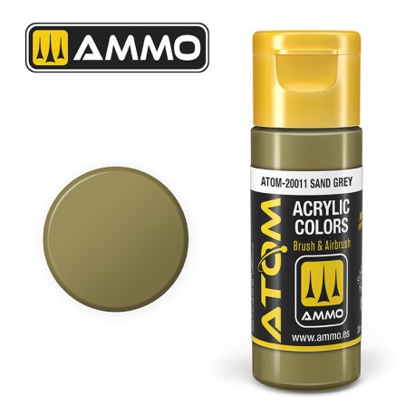 ATOM COLOR Sand Grey. Nueva Fórmula. Bote 20 ml. Marca Ammo by Mig Jimenez. Ref: ATOM-20011.