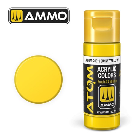 ATOM COLOR Sunny Yellow. Nueva Fórmula. Bote 20 ml. Marca Ammo by Mig Jimenez. Ref: ATOM-20019.