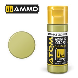 ATOM COLOR  Khaki Green. Nueva Fórmula. Bote 20 ml. Marca Ammo by Mig Jimenez. Ref: ATOM-20025.