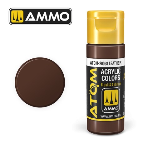 ATOM COLOR Leather. Nueva Fórmula. Bote 20 ml. Marca Ammo by Mig Jimenez. Ref: ATOM-20058.