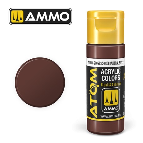 ATOM COLOR Schokobraun RAL 8017. Nueva Fórmula. Bote 20 ml. Marca Ammo by Mig Jimenez. Ref: ATOM-20062.