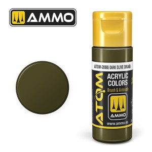 ATOM COLOR Darl Olive Drab. Nueva Fórmula. Bote 20 ml. Marca Ammo by Mig Jimenez. Ref: ATOM-20065.