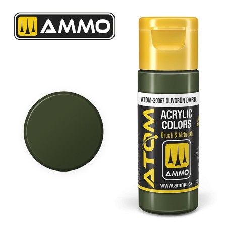 ATOM COLOR Olivgrün Dark. Nueva Fórmula. Bote 20 ml. Marca Ammo by Mig Jimenez. Ref: ATOM-20067.