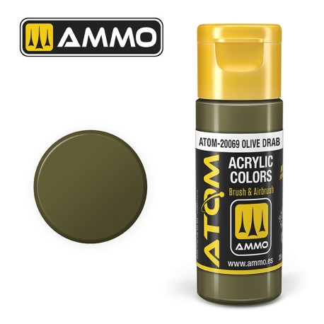 ATOM COLOR  Olive Drab. Nueva Fórmula. Bote 20 ml. Marca Ammo by Mig Jimenez. Ref: ATOM-20069.