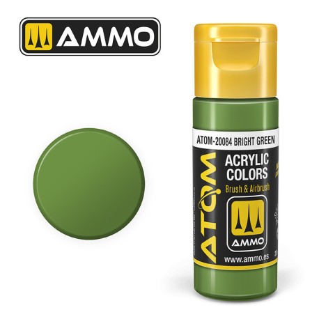 ATOM COLOR Bright Green. Nueva Fórmula. Bote 20 ml. Marca Ammo by Mig Jimenez. Ref: ATOM-20084.