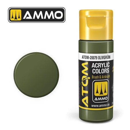 ATOM COLOR Olivgrün. Nueva Fórmula. Bote 20 ml. Marca Ammo by Mig Jimenez. Ref: ATOM-20079.