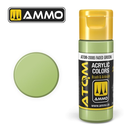 ATOM COLOR Faded Green. Nueva Fórmula. Bote 20 ml. Marca Ammo by Mig Jimenez. Ref: ATOM-20085.