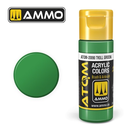 ATOM COLOR Troll Green. Nueva Fórmula. Bote 20 ml. Marca Ammo by Mig Jimenez. Ref: ATOM-20090.