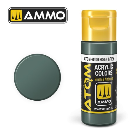 ATOM COLOR Green Grey. Nueva Fórmula. Bote 20 ml. Marca Ammo by Mig Jimenez. Ref: ATOM-20100.
