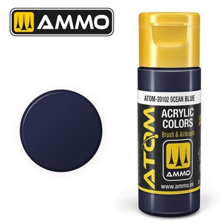 ATOM COLOR Azul Océano. Nueva Fórmula. Bote 20 ml. Marca Ammo by Mig Jimenez. Ref: ATOM-20102