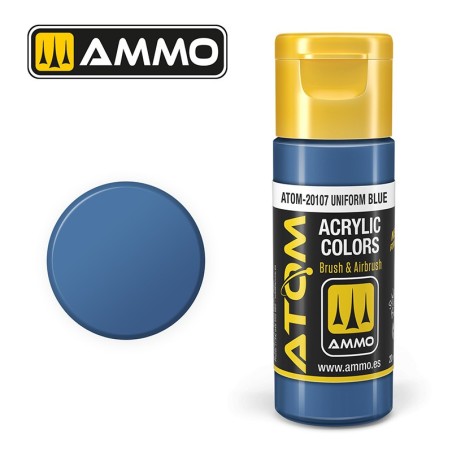 ATOM COLOR Azul Uniforme. Nueva Fórmula. Bote 20 ml. Marca Ammo by Mig Jimenez. Ref: ATOM-20107.