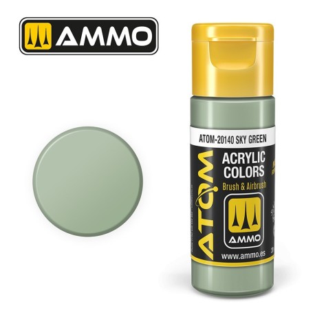 ATOM COLOR Sky Green. Nueva Fórmula. Bote 20 ml. Marca Ammo by Mig Jimenez. Ref: ATOM-20140.