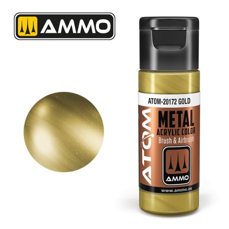 ATOM COLOR METALLIC Dorado. Nueva Fórmula. Bote 20 ml. Marca Ammo by Mig Jimenez. Ref: ATOM-20172.