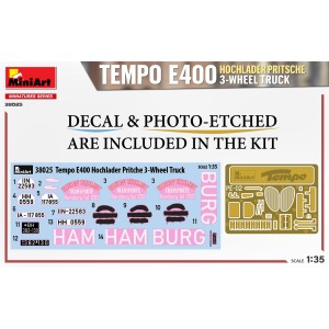 TEMPO E400 HOCHLADER PRITSCHE 3-WHEEL TRUCK.  Escala 1:35. Marca Miniart. Ref: 38025. 2