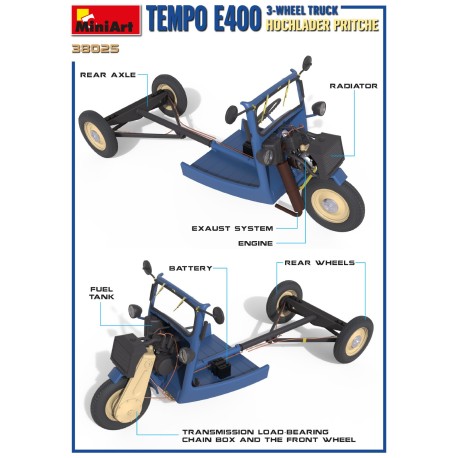 TEMPO E400 HOCHLADER PRITSCHE 3-WHEEL TRUCK.  Escala 1:35. Marca Miniart. Ref: 38025.