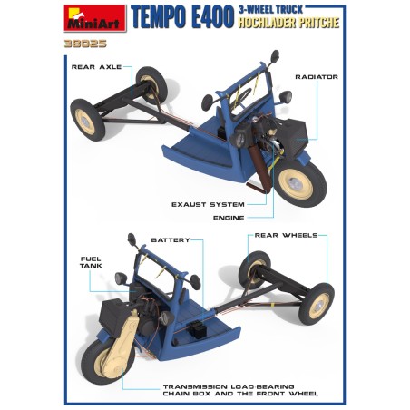 TEMPO E400 HOCHLADER PRITSCHE 3-WHEEL TRUCK.  Escala 1:35. Marca Miniart. Ref: 38025.