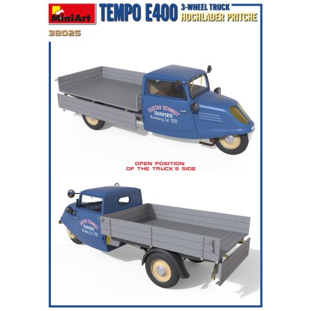 TEMPO E400 HOCHLADER PRITSCHE 3-WHEEL TRUCK.  Escala 1:35. Marca Miniart. Ref: 38025.
