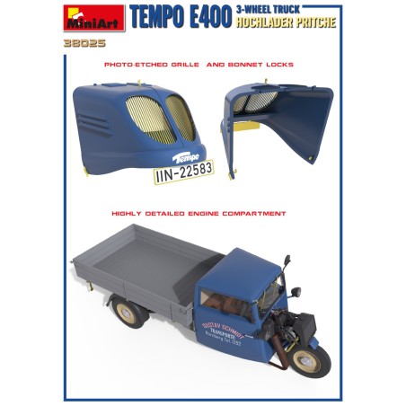 TEMPO E400 HOCHLADER PRITSCHE 3-WHEEL TRUCK.  Escala 1:35. Marca Miniart. Ref: 38025.