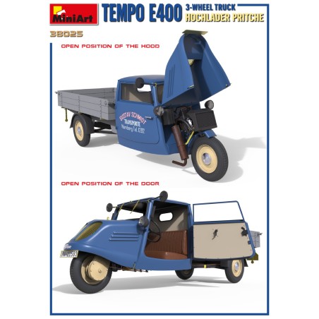 TEMPO E400 HOCHLADER PRITSCHE 3-WHEEL TRUCK.  Escala 1:35. Marca Miniart. Ref: 38025.