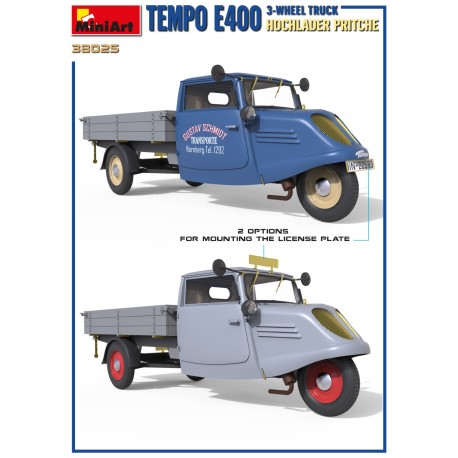TEMPO E400 HOCHLADER PRITSCHE 3-WHEEL TRUCK.  Escala 1:35. Marca Miniart. Ref: 38025.