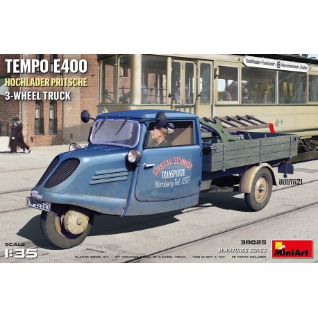 TEMPO E400 HOCHLADER PRITSCHE 3-WHEEL TRUCK.  Escala 1:35. Marca Miniart. Ref: 38025.
