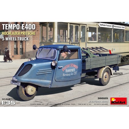 TEMPO E400 HOCHLADER PRITSCHE 3-WHEEL TRUCK.  Escala 1:35. Marca Miniart. Ref: 38025.