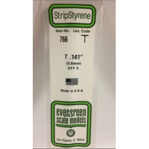Conjunto de 3 Perfiles en " T ", 141" (3.6mm) POLYSTYRENE. Marca Evergreen. Ref: 766.