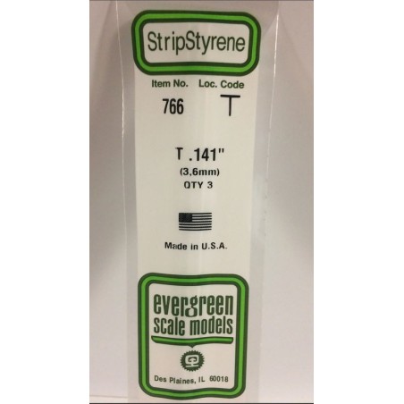 Conjunto de 3 Perfiles en " T ", 141" (3.6mm) POLYSTYRENE. Marca Evergreen. Ref: 766.
