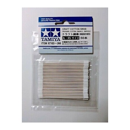 Bastoncillos de algodón, redondo, extrapequeño. Craft Cotton Swab - Round/Extra Small. 50 ud. Marca Tamiya. Ref: 87103.