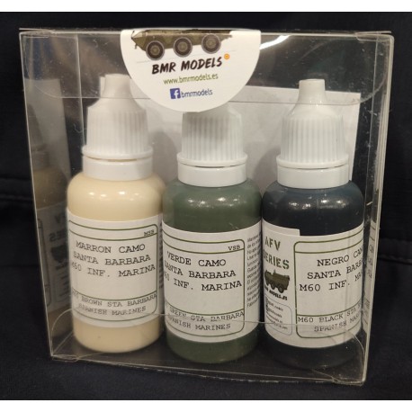 Set de 3 Acrilicos, Set CAMO M60 SANTA BARBARA, Inf. Marina. Bote 17 ml. Marca BMR MODELS. Ref: SETMSB.