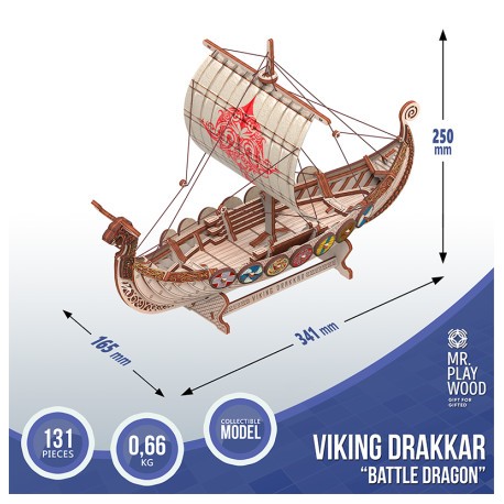 Barco Drakkar Vikingo "Battle Dragon" con 131pz, madera contrachapada. Marca Mr.playwood. Ref: 10113.