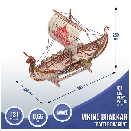 Barco Drakkar Vikingo "Battle Dragon" con 131pz, madera contrachapada. Marca Mr.playwood. Ref: 10113.