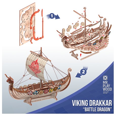 Barco Drakkar Vikingo "Battle Dragon" con 131pz, madera contrachapada. Marca Mr.playwood. Ref: 10113.