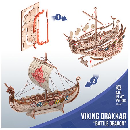 Barco Drakkar Vikingo "Battle Dragon" con 131pz, madera contrachapada. Marca Mr.playwood. Ref: 10113.
