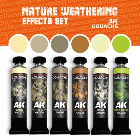 NATURE WEATHERING EFFECTS SET – AK GOUACHES. 6 Tubios de 20ml. Marca AK Interactive. Ref: AKG26.