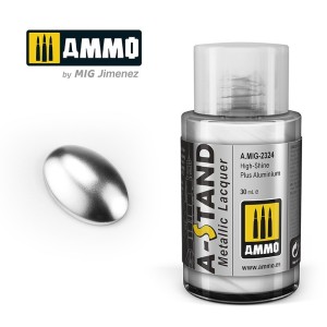 A-STAND Aluminio Plus de Alto Brillo. Bote de 30 ml. Marca Ammo of Mig Jimenez. Ref: AMIG2324, 2324.
