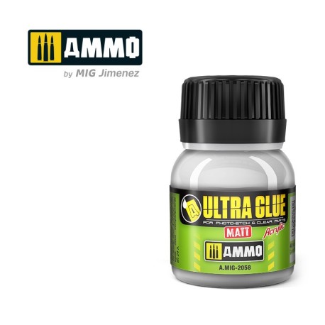 ULTRA-GLUE MATE -  para Fotograbado y Piezas Transparentes. Bote 40 ml. Marca Ammo by Mig Jimenez. Ref: AMIG2058.