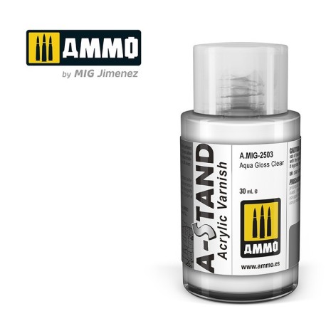 A-STAND Barniz Brillante Transparente (Aqua Gloss Clear). Bote de 30 ml. Marca Ammo of Mig Jimenez. Ref: AMIG2503, 2503.