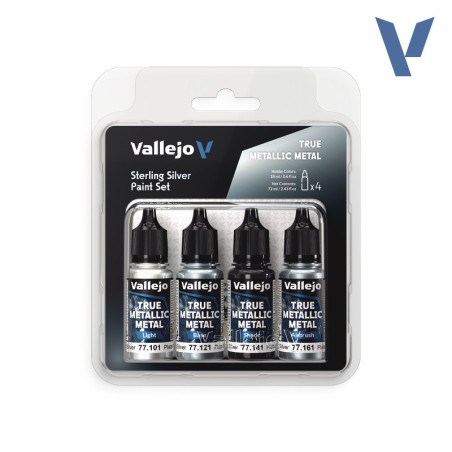 TRUE METALLIC METAL, STERLING SILVER METAL PAINT SET, 4 Colores. Marca Vallejo. Ref: 77251, 77.251.
