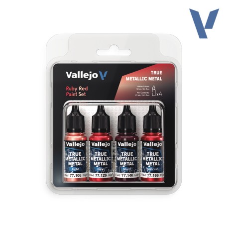 TRUE METALLIC METAL, RUBY RED METAL PAINT SET, 4 Colores. Marca Vallejo. Ref: 77254, 77.254.