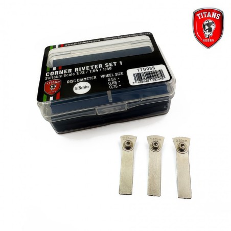 Herramienta remachar esquinas 1 - 1:72/64/48 - 3 ruedas diam. 8,5mm x mm 0.55/0.65/0.75. Marca TITANS HOBBY. Ref: TTH065.